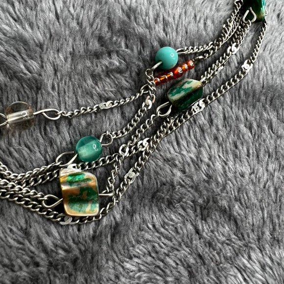 Layered Necklace Silver Tone Chain Turquoise Color Beads 20 inch - Picture 3 of 6